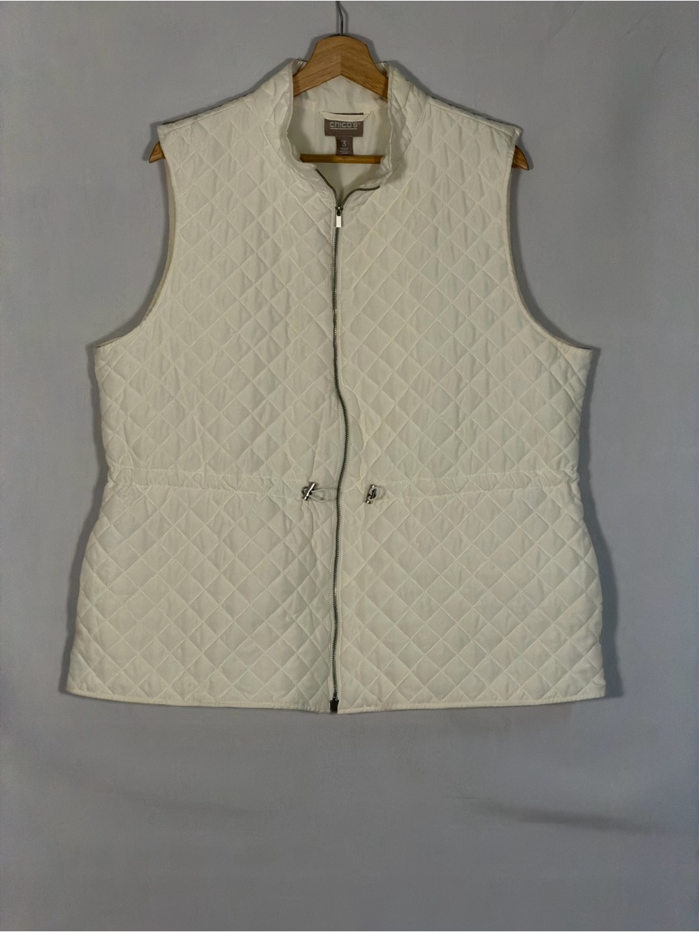 Chico’s Quilted Vest Women’s Size 3 XL Ivory Full Zip Adjustable Waist